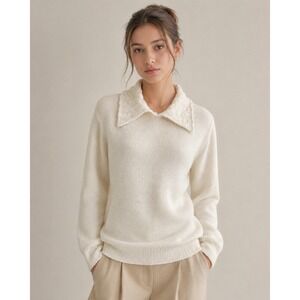 Defacto Cream White Pointed Collar Knit‎ Pullover Sweater Size Large Preppy